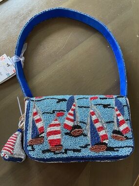 NEW Beaded Sailboat Motif Shoulder Bag in Blue and Red with bag charm
